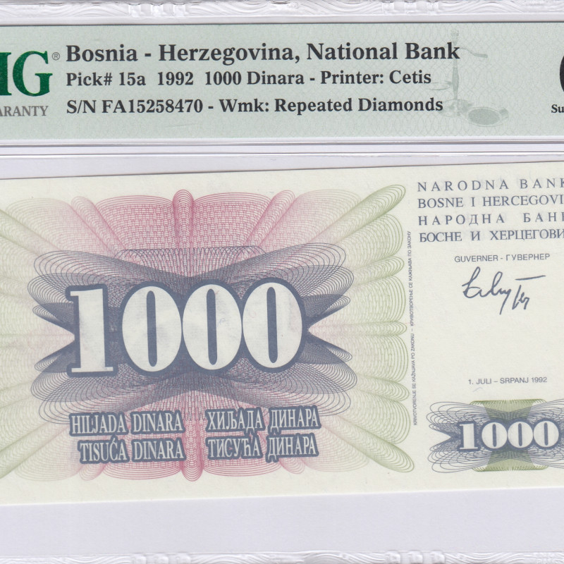 Bosnia-Herzegovina 1000 Dinara 1.7.1992 P15a PMG68* EPQ Bosnia-Herzegovina 1000 Dinara 1.7.1992 P15a PMG68* EPQ