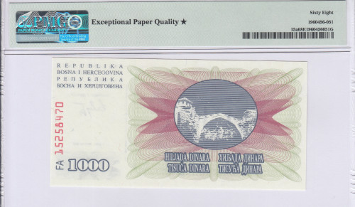 Bosnia-Herzegovina 1000 Dinara 1.7.1992 P15a PMG68* EPQ Bosnia-Herzegovina 1000 Dinara 1.7.1992 P15a PMG68* EPQ