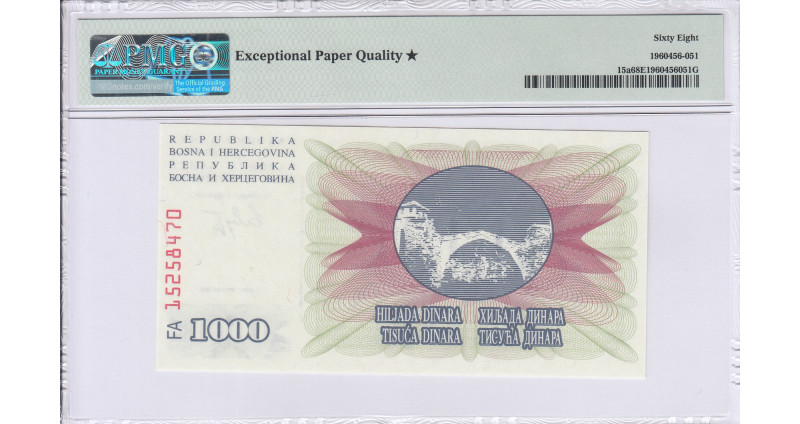 Bosnia-Herzegovina 1000 Dinara 1.7.1992 P15a PMG68* EPQ Bosnia-Herzegovina 1000 Dinara 1.7.1992 P15a PMG68* EPQ