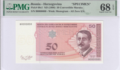 Bosnia - Herzegovina  50 Convertible Maraka 1998 P68s1 PMG68 EPQ Bosnia - Herzegovina  50 Convertible Maraka 1998 P68s1 PMG68 EPQ