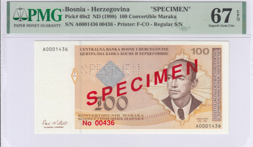 Bosnia - Herzegovina 100 Convertible Maraka 1998 P69s2 PMG67 EPQ Bosnia - Herzegovina 100 Convertible Maraka 1998 P69s2 PMG67 EPQ