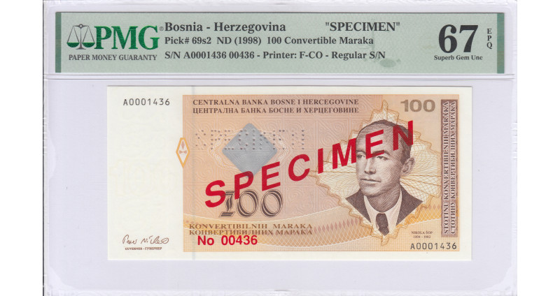 Bosnia - Herzegovina 100 Convertible Maraka 1998 P69s2 PMG67 EPQ