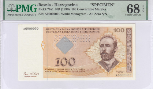 Bosnia - Herzegovina 100 Convertible Maraka 1998 P70s1 PMG68 EPQ Bosnia - Herzegovina 100 Convertible Maraka 1998 P70s1 PMG68 EPQ