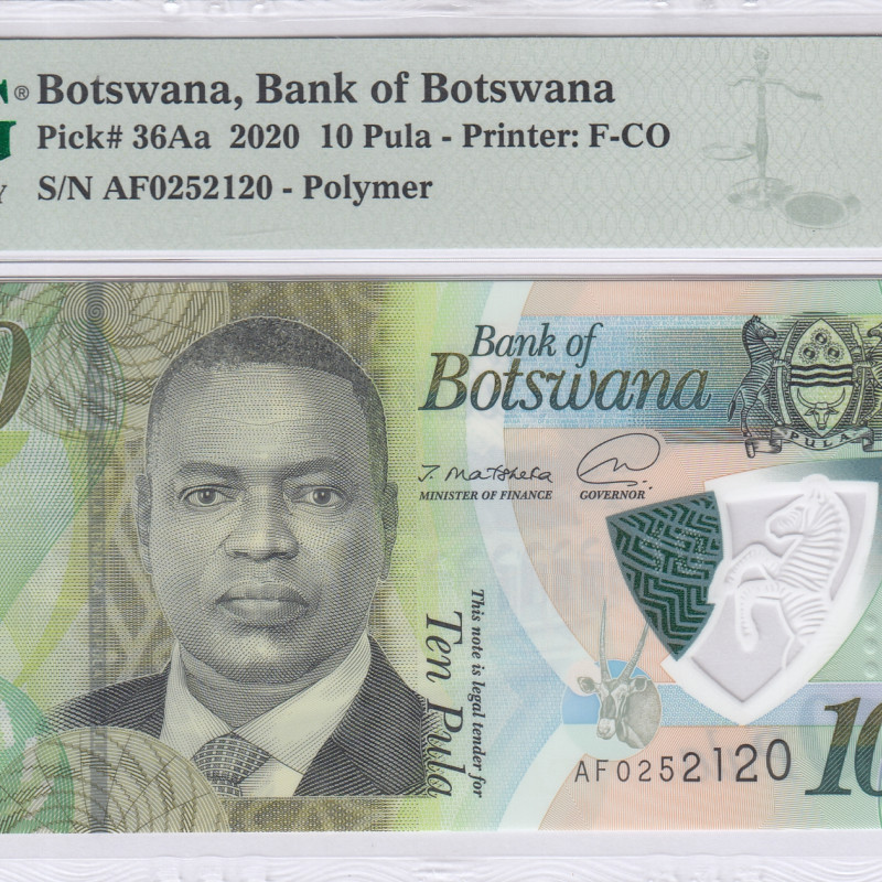 Botswana 10 Pula 2020 P36Aa PMG68 EPQ Botswana 10 Pula 2020 P36Aa PMG68 EPQ