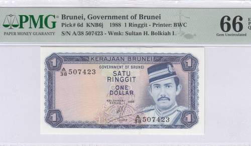 Brunei 1 Ringgit 1988 P6d PMG66 EPQ