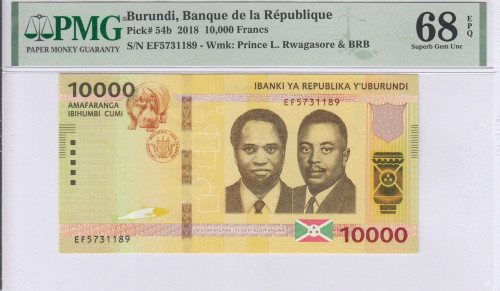 Burundi 10,000 Francs 2018 P54b PMG68 EPQ