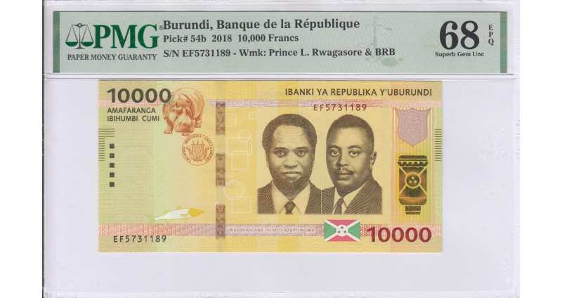 Burundi 10,000 Francs 2018 P54b PMG68 EPQ Burundi 10,000 Francs 2018 P54b PMG68 EPQ