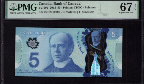 Canada 5 Dollars 2012-13 P106d PMG67 EPQ