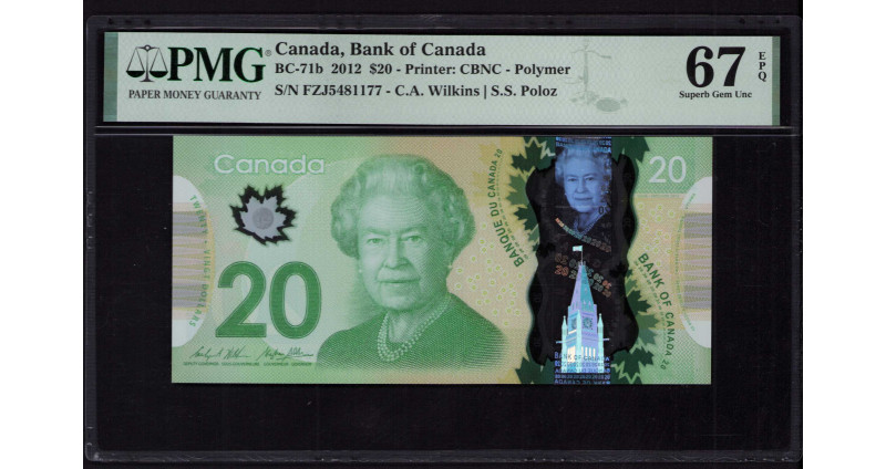 Canada 20 Dollars 2012-13 P108b PMG67 EPQ Canada 20 Dollars 2012-13 P108b PMG67 EPQ