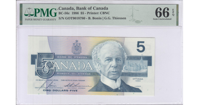 Canada 5 Dollars 1986 P95c PMG66 EPQ