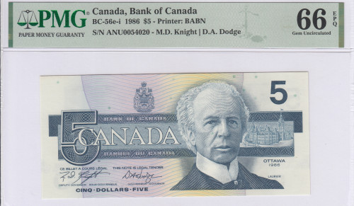 Canada 5 Dollars 1986 P95e PMG66 EPQ