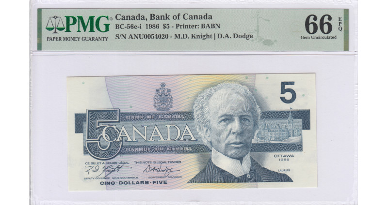 Canada 5 Dollars 1986 P95e PMG66 EPQ
