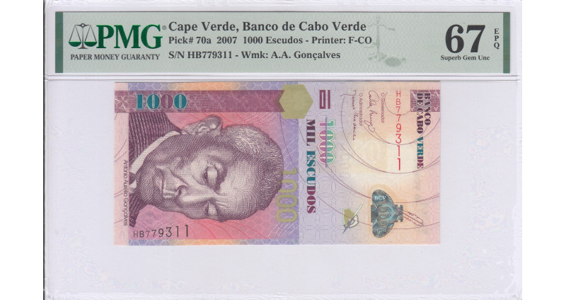 Cape Verde 1000 Escudos 25.9.2007 P70a PMG67 EPQ Cape Verde 1000 Escudos 25.9.2007 P70a PMG67 EPQ