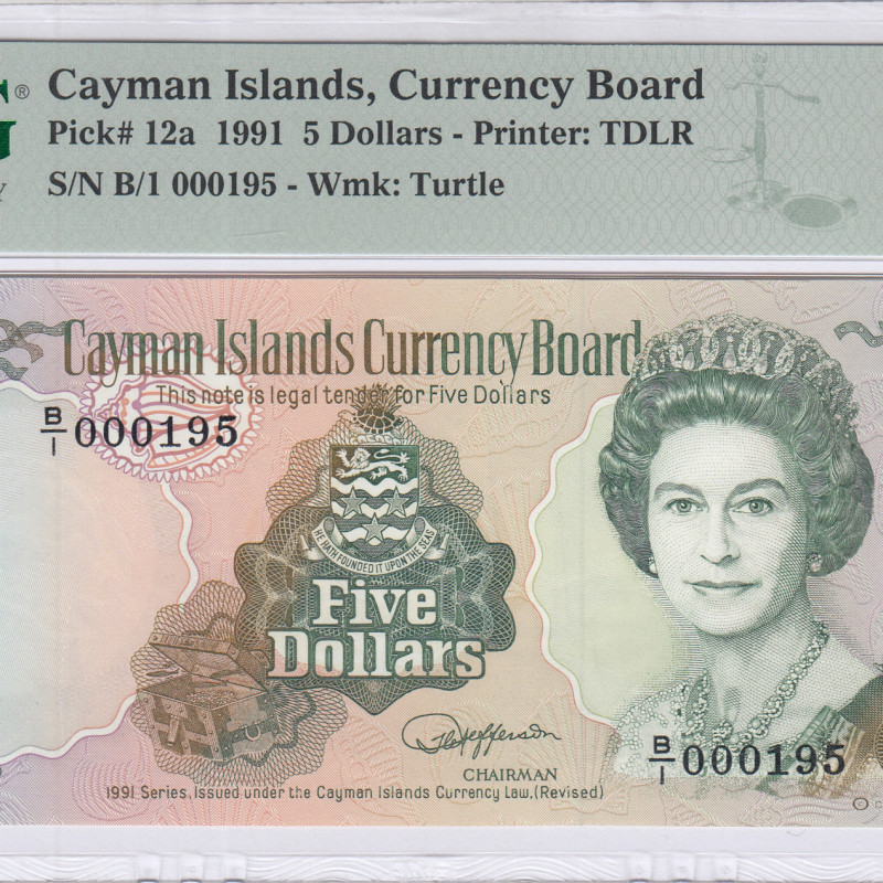 Cayman Islands 5 Dollars 1991 P12a PMG65 EPQ Cayman Islands 5 Dollars 1991 P12a PMG65 EPQ