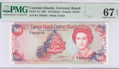 Cayman Islands 10 Dollars 1991 P13a PMG67 EPQ