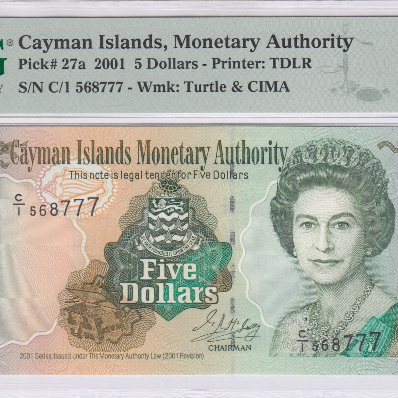 Cayman Islands 5 Dollars 2001 P27a PMG67 EPQ Cayman Islands 5 Dollars 2001 P27a PMG67 EPQ