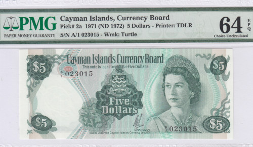 Cayman Islands 5 Dollars 1971 (1972) P2a PMG64 EPQ