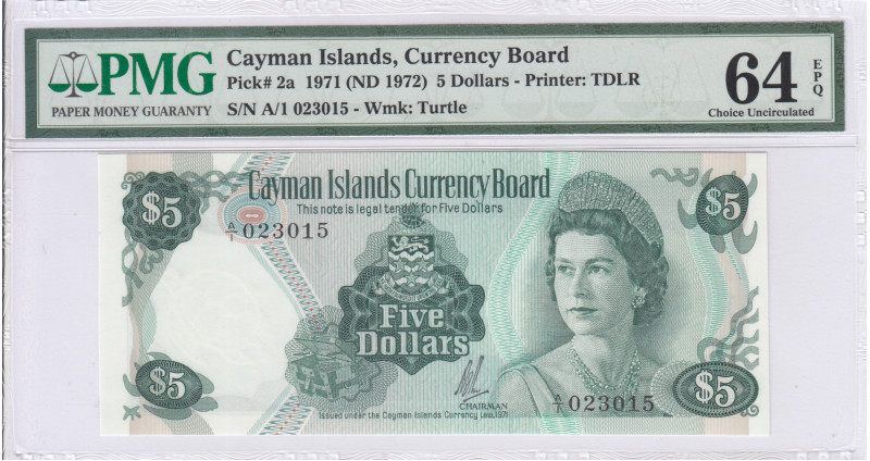 Cayman Islands 5 Dollars 1971 (1972) P2a PMG64 EPQ