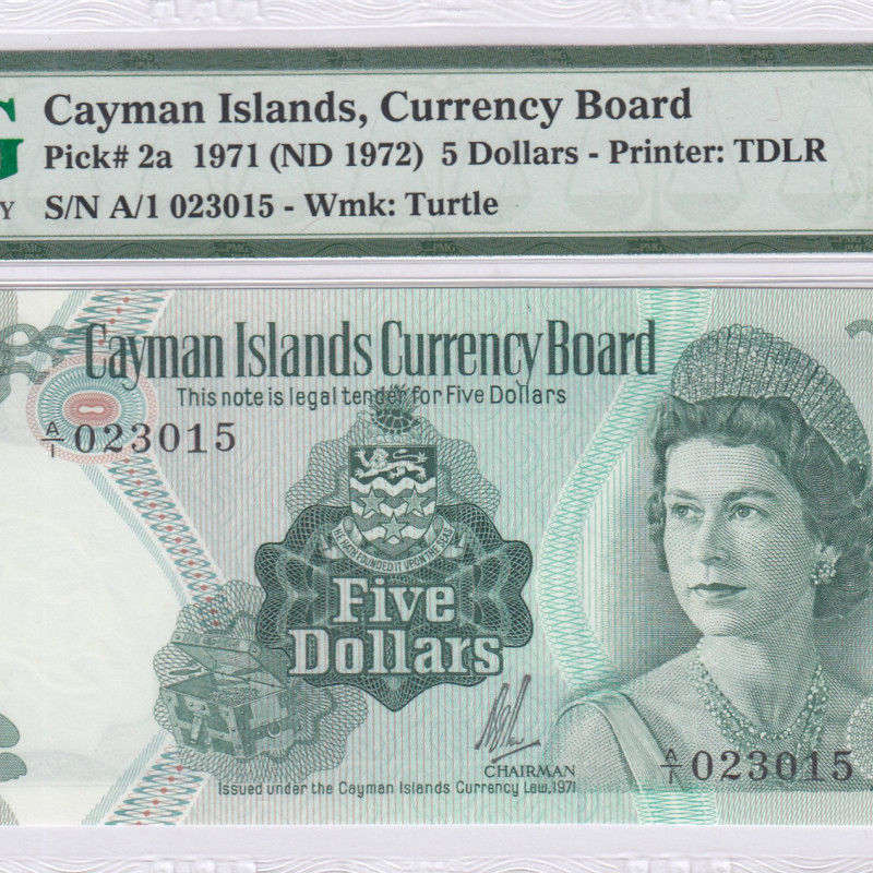Cayman Islands 5 Dollars 1971 (1972) P2a PMG64 EPQ