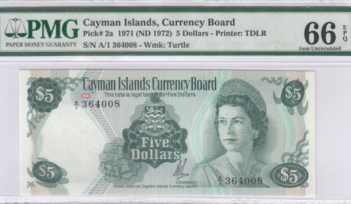 Cayman Islands 5 Dollars 1971 (1972) P2a PMG66 EPQ