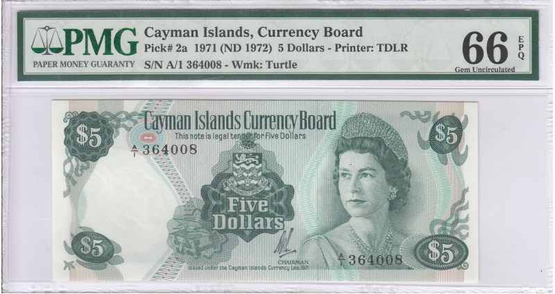Cayman Islands 5 Dollars 1971 (1972) P2a PMG66 EPQ