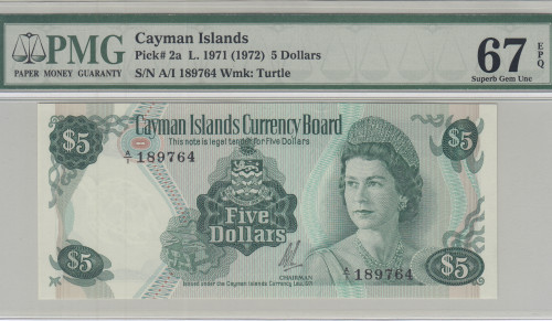 Cayman Island 5 Dollars 1971(1972) P2a PMG67 EPQ