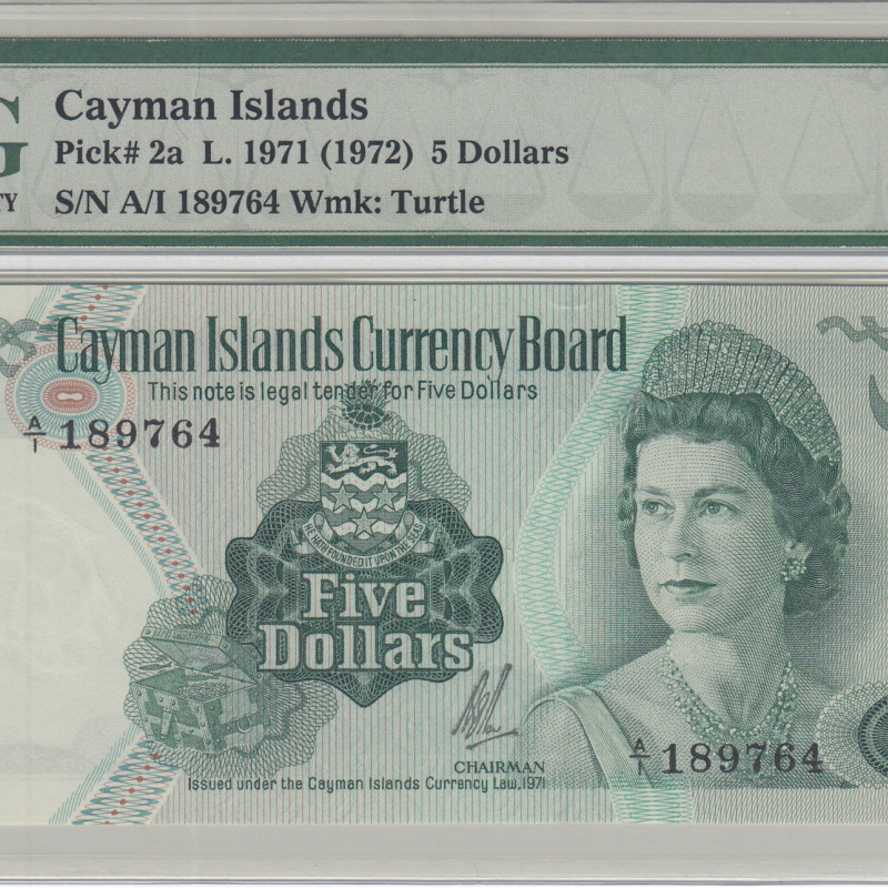Cayman Island 5 Dollars 1971(1972) P2a PMG67 EPQ Cayman Island 5 Dollars 1971(1972) P2a PMG67 EPQ