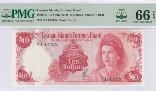 Cayman Islands 10 Dollars 1971 (1972) P3 PMG66 EPQ