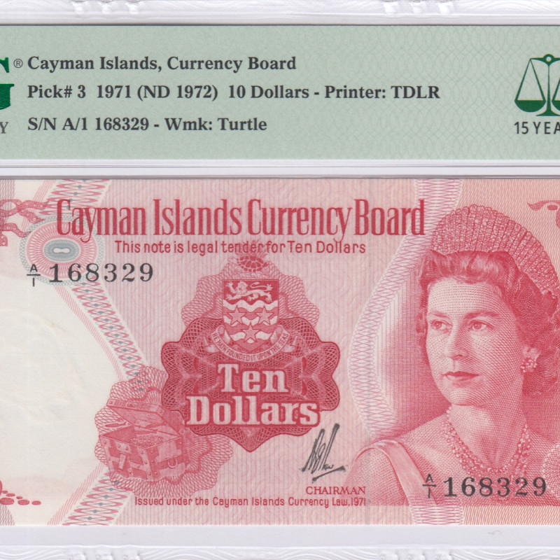 Cayman Islands 10 Dollars 1971 (1972) P3 PMG66 EPQ Cayman Islands 10 Dollars 1971 (1972) P3 PMG66 EPQ