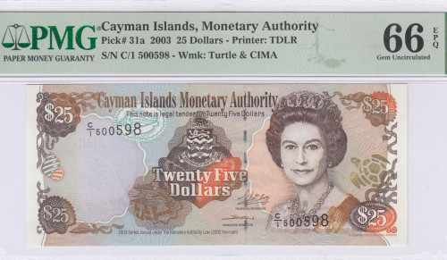 Cayman Islands 25 Dollars 2003 P31a PMG66 EPQ