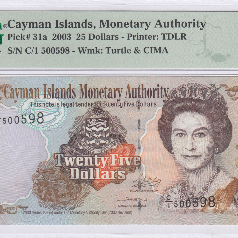 Cayman Islands 25 Dollars 2003 P31a PMG66 EPQ Cayman Islands 25 Dollars 2003 P31a PMG66 EPQ
