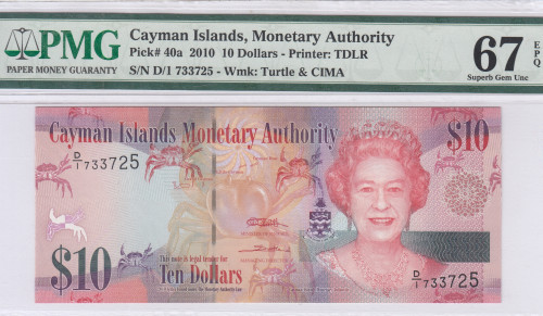 Cayman Islands 10 Dollars 2010 P40a PMG67 EPQ
