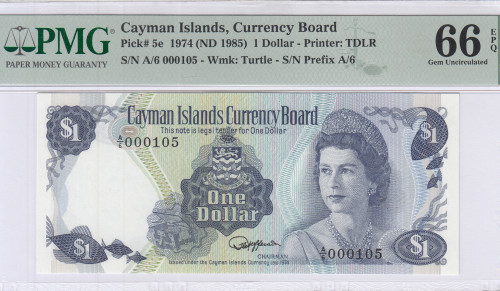Cayman Islands 1 Dollar 1974 (ND1985) P5e PMG66 EPQ