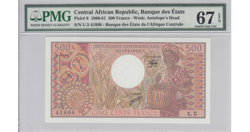 Central African Republic 500 Francs 1.7.1980 P9 PMG67 EPQ