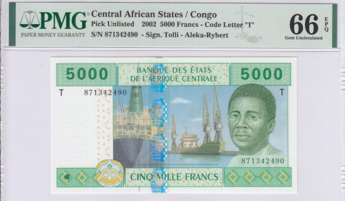 Central African States / Congo 5000 Francs 2002 P109Ta PMG67 EPQ Central African States / Congo 5000 Francs 2002 P109Ta PMG67 EPQ