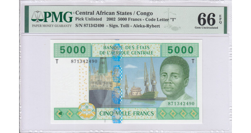Central African States / Congo 5000 Francs 2002 P109Ta PMG67 EPQ Central African States / Congo 5000 Francs 2002 P109Ta PMG67 EPQ