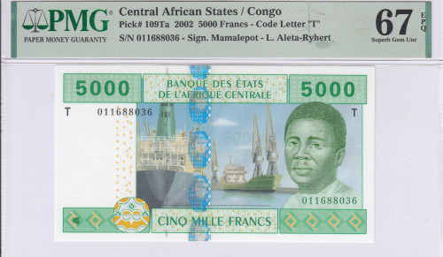 Central African States / Congo 5000 Francs 2002 P109Td PMG66 EPQ Central African States / Congo 5000 Francs 2002 P109Td PMG66 EPQ