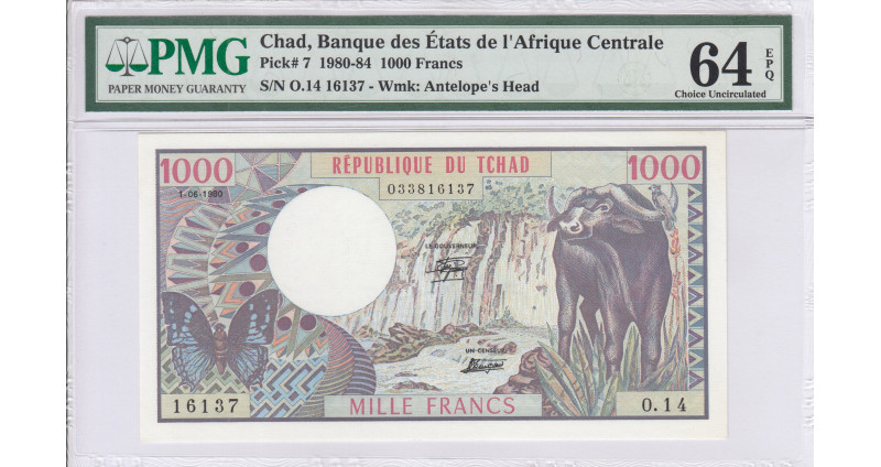 Chad 1000 Francs 1980 P7 PMG64 EPQ Chad 1000 Francs 1980 P7 PMG64 EPQ