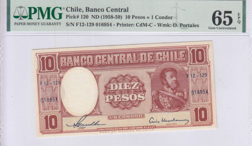 Chile  10 Pesos : 1 Condor ND 1958-59 P120 PMG65 EPQ