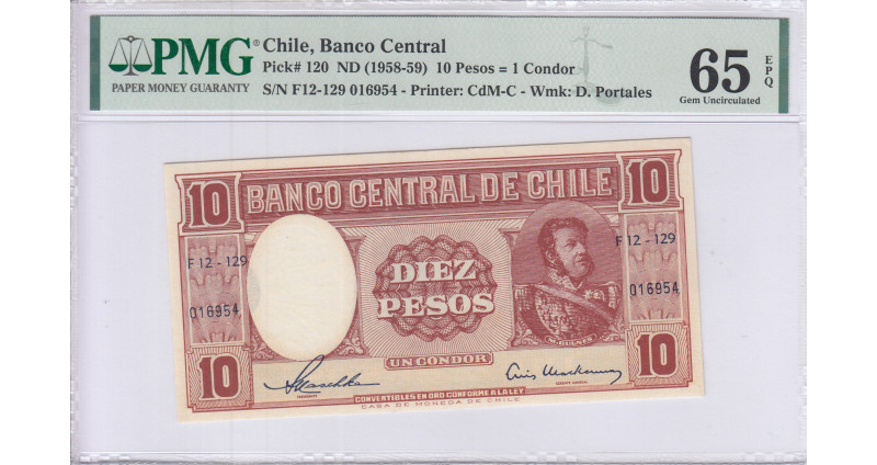 Chile  10 Pesos : 1 Condor ND 1958-59 P120 PMG65 EPQ