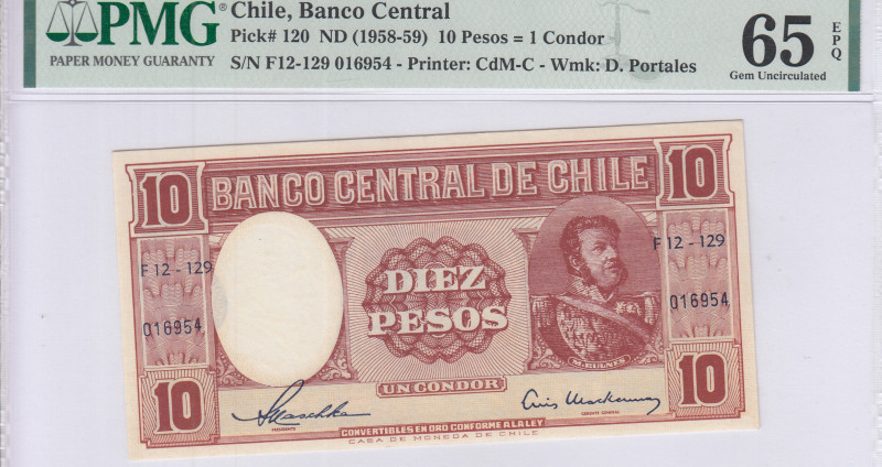 Chile  10 Pesos : 1 Condor ND 1958-59 P120 PMG65 EPQ