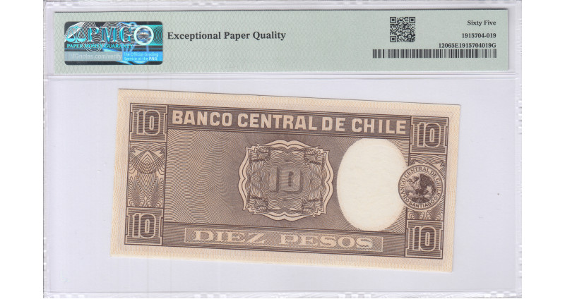 Chile 10 Pesos : 1 Condor ND 1958-59 P120 PMG65 EPQ Chile 10 Pesos : 1 Condor ND 1958-59 P120 PMG65 EPQ