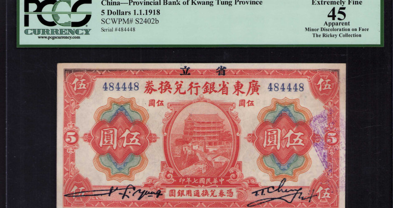 China, Provincial Bank of Kwang Tung Province 5 Dollars 1.1.1918 PS2402b PCGS45