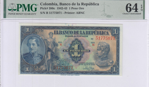 Colombia 1 Peso Oro 20.7.1942 P380c PMG64 EPQ Colombia 1 Peso Oro 20.7.1942 P380c PMG64 EPQ
