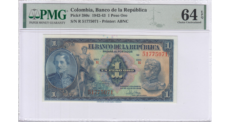 Colombia 1 Peso Oro 20.7.1942 P380c PMG64 EPQ Colombia 1 Peso Oro 20.7.1942 P380c PMG64 EPQ