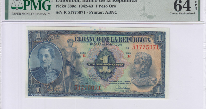 Colombia 1 Peso Oro 20.7.1942 P380c PMG64 EPQ