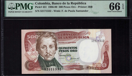 Colombia 500 Pesos Oro 12.10.1990 P431 PMG66 EPQ Colombia 500 Pesos Oro 12.10.1990 P431 PMG66 EPQ