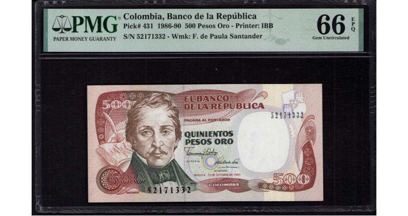 Colombia 500 Pesos Oro 12.10.1990 P431 PMG66 EPQ Colombia 500 Pesos Oro 12.10.1990 P431 PMG66 EPQ
