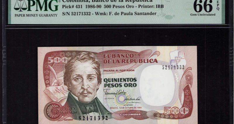 Colombia 500 Pesos Oro 12.10.1990 P431 PMG66 EPQ Colombia 500 Pesos Oro 12.10.1990 P431 PMG66 EPQ