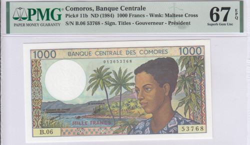 Comoros 1000 Francs1984 P11b PMG67 EPQ